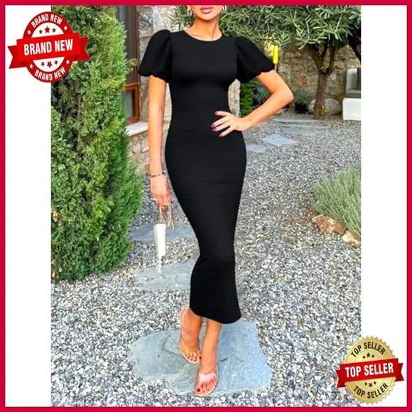 Bodycon Midi Dress Elegant Formal Cocktail Party Wedding Guest Retro Puff - Picture 3 of 7